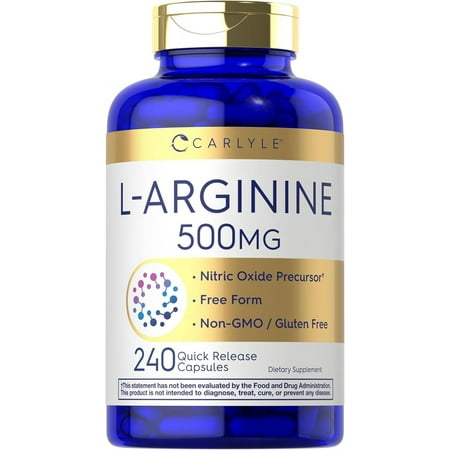 L-Arginine 500mg Capsules | 240 Count | Free Form | Non-GMO & Gluten Free Supplement | By Carlyle