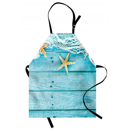 Turquoise And Orange Kitchen Starfish Apron Rustic Wood Boards Fishing Net and the Ocean Animals Nautical Print, Unisex Kitchen Bib Apron with Adjustable Neck for Cooking Baking Gardening, Turquoise White Orange, by Ambesonne ()