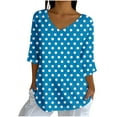 thumbnail image 2 of EchfiProm Women Tops Cotton Linen Trendy Blue Comfy Classic Fit Short Sleeve Polka Dot V Neck Blouse, 2 of 5