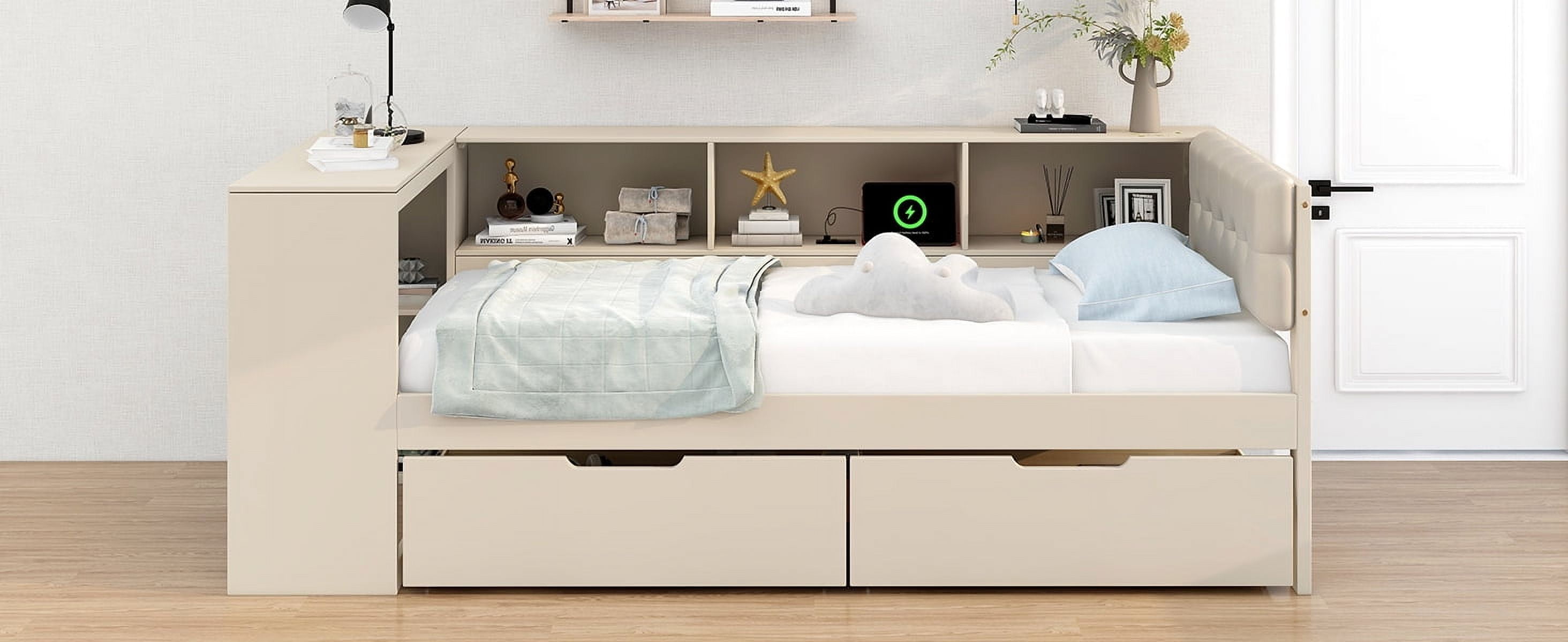 MAYEERTY Wood Twin Size Platform Bed with Storage Shelves, Drawers, Charging Station and Upholstered Headboard, Cream