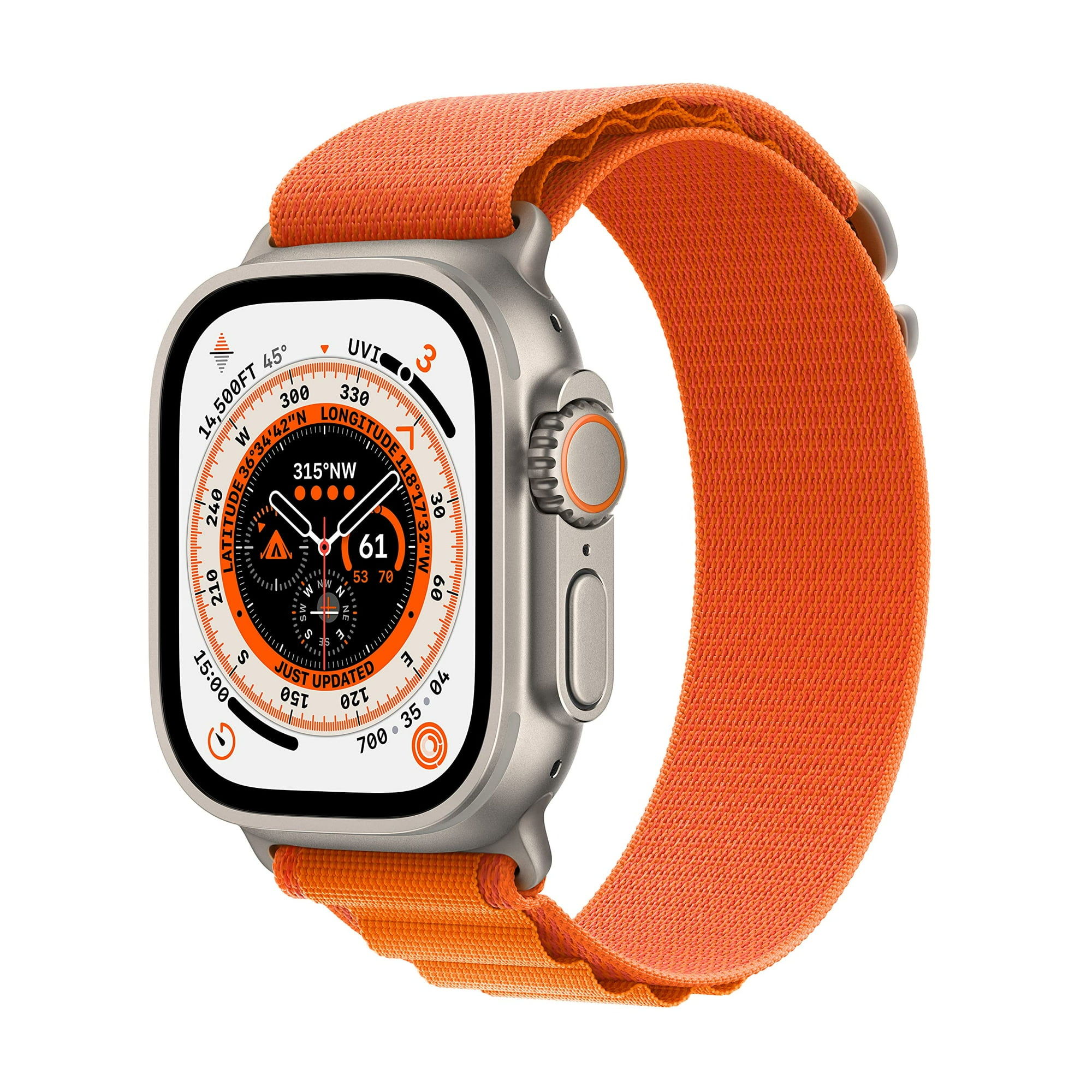 Apple Watch Ultra GPS Cellular 49mm Smart Watch w Rugged Titanium Case Orange Alpine Loop Large. Walmart