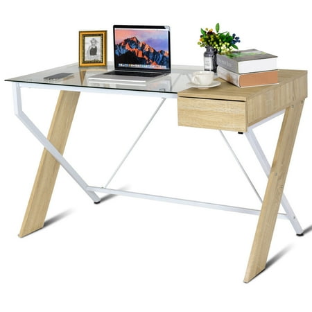 Glass Top Office Furniture Costway Clear Glass Top Computer Desk Wood Metal Frame with Drawer Home Office Furniture ()