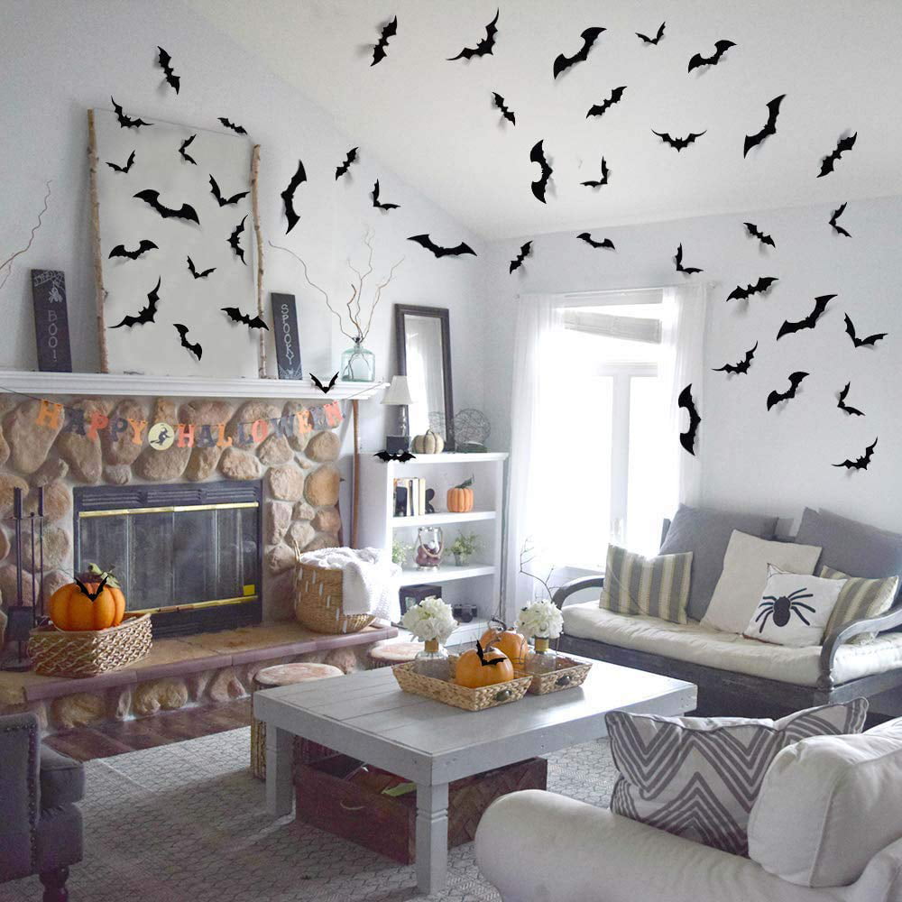 120 PCS Halloween 3D Bats Wall Stickers 4 Different Sizes Realistic Scary Black Bat Decor DIY PVC Wall Decals for Home Decoration Window Indoor Living Room Fireplace Bedroom Outdoor Party Supplies 