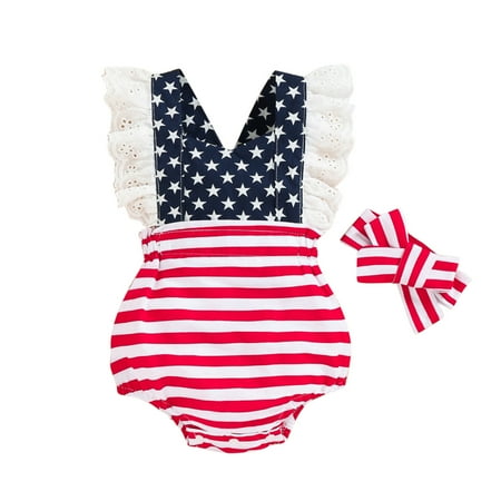 

fnhpitd Girls Lace Fly Sleeve Independence Day Striped Printed Romper 4th Of July Backless Bodysuits Headbands Organic Cotton Baby Bodysuit Preemie Footless Sleepers
