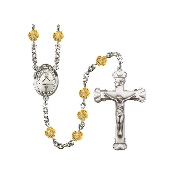 St. Katharine Drexel Silver-Plated Rosary 6mm November Yellow Fire Polished Beads Crucifix Size 1 5/8 x 1 medal charm