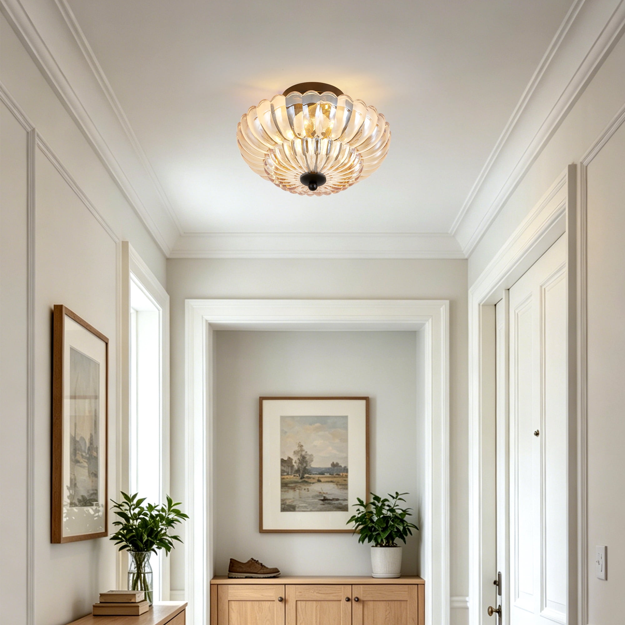 Leumius Semi Flush Mount Ceiling Light, 3-Light Close to Ceiling Light Fixtures with Flower Glass, Vintage Ceiling Lights for Hallway Living Room Kitchen Bedroom Bathroom, Amber+Black