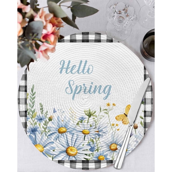 15 Inch Round Placemats Set of 4, Daisy Floral Non Slip Heat Insulation PP Table Mats, Spring Country Flower Butterflies Black Plaid Washable Place Mats for Kitchen Dining Party Table Decor