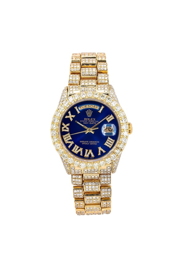 Pre-Owned Rolex Day-Date 36MM 18038 Blue Roman Diamond Dial Diamond Bezel 18K Yellow Gold Full Diamond President Bracelet 15.75ct