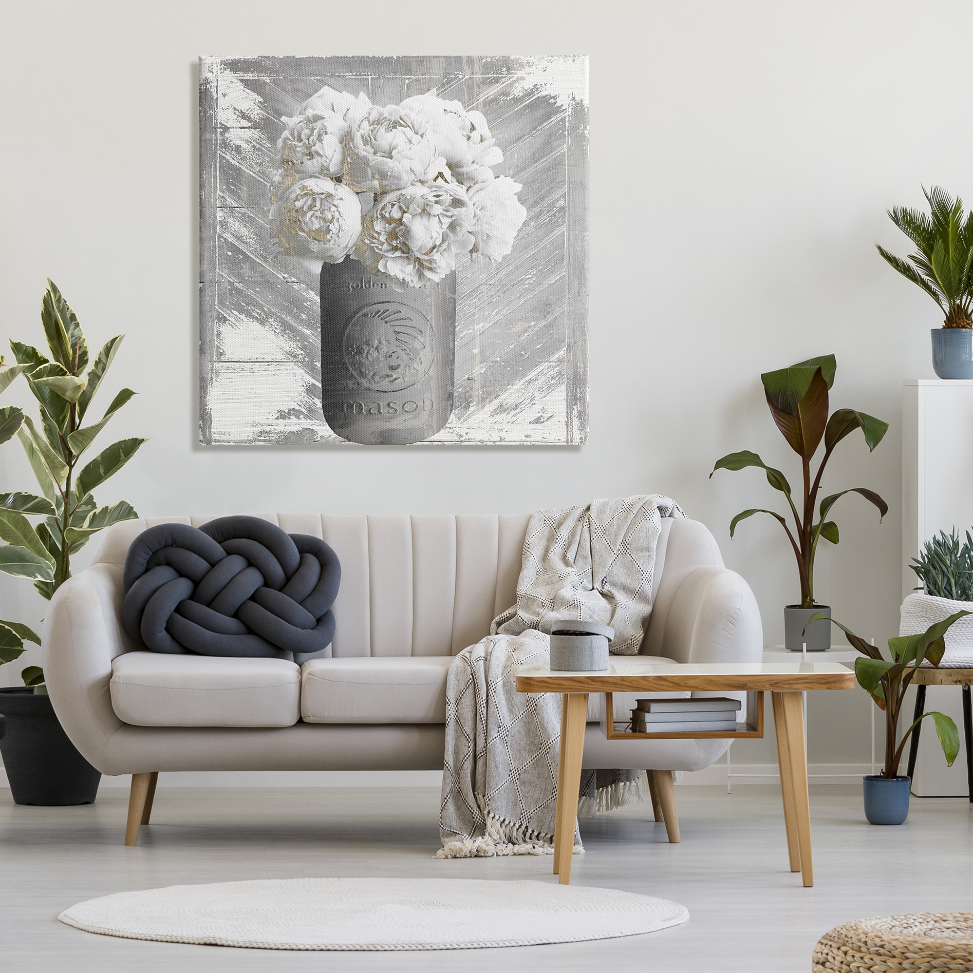 Stupell Industries Rustic Mason Jar White Peonies Flowers Grain Pattern Graphic Art Gallery-Wrapped Canvas Print Wall Art, 36x36, by Mindy Sommers
