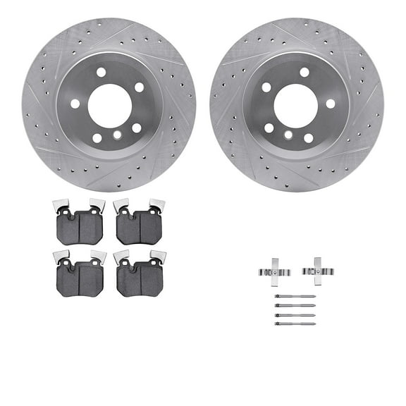 Dynamic Friction Company Rear Brake Rotors-Drilled and Slotted-Silver with 5000 Euro Ceramic Brake Pads includes Hardware 7612-31078