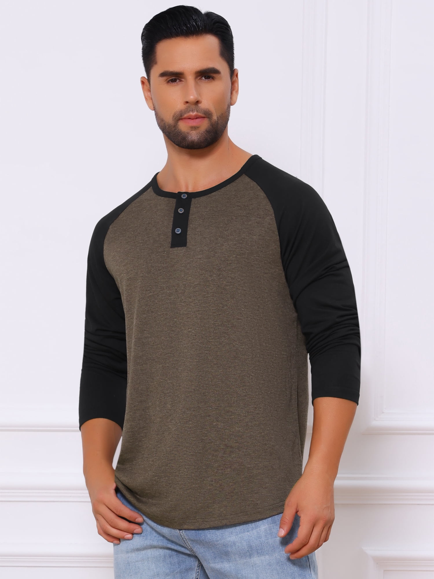 DARING DIVA Men's Raglan Long Sleeve Tee Shirt Baseball Henley T-Shirts XL Brown Black