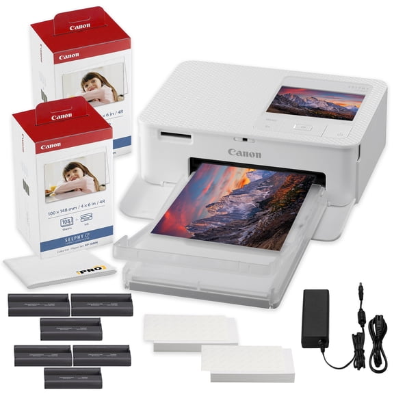 Canon SELPHY CP1500 Compact Photo Printer White | Dye-Sublimation KP-108IN Ink/Paper (216 Sheets) 64GB Card