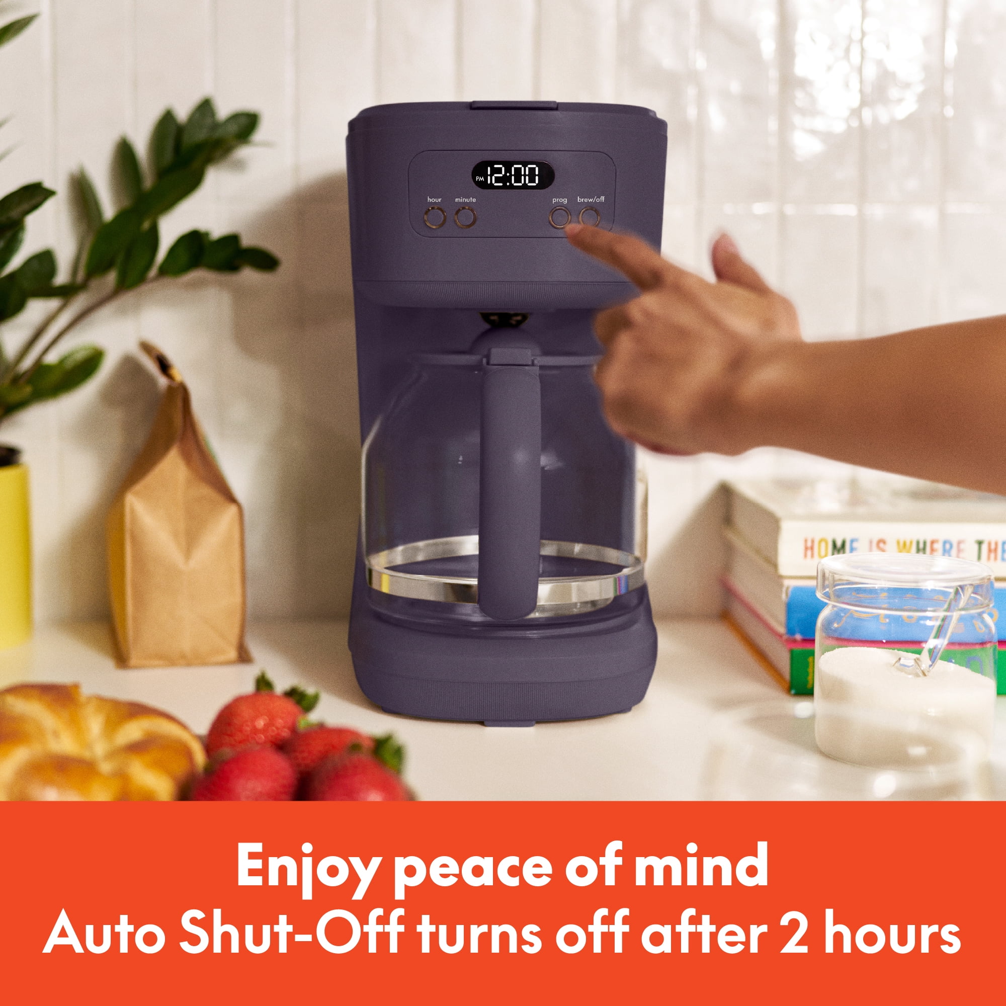 bella 12 Cup Programmable Drip Coffee Maker with Glass Carafe, Auto Shut-Off, Plum