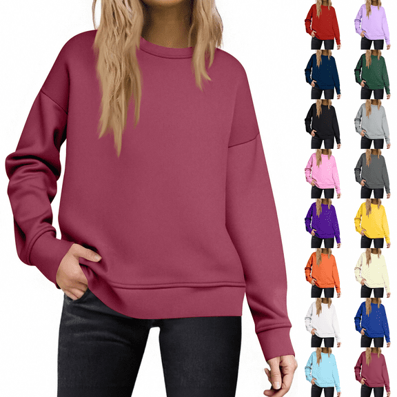 Crew Neck Sweatshirts Women Fall Oversized Crewneck Sweatshirt Vintage Fleece Pullover Loose Fit Cute Y2K Hoodie Wine L