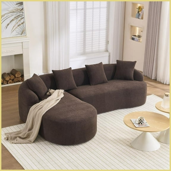 Modern Chenille L-Shape Sectional Sofa with Curved Chaise – Brown Modular Couch for Apartment Living Room, High-Density Sponge & 4 Free Pillows