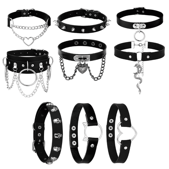9Pcs Fashion Women Men Cool Punk Goth Metal Spike Studded Leather Collar Choker Necklace Black