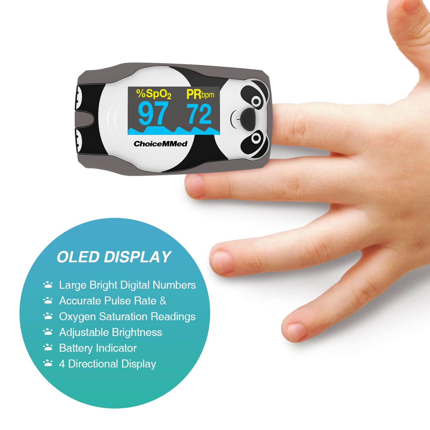 CHOICEMMED OLED Panda Pediatric Pulse Oximeter Fingertip – SP02 Pulse Oximeter for Kids – Children Blood Oxygen Saturation Monitor with Color OLED Screen - Child O2 Saturation Monitor with Batteries