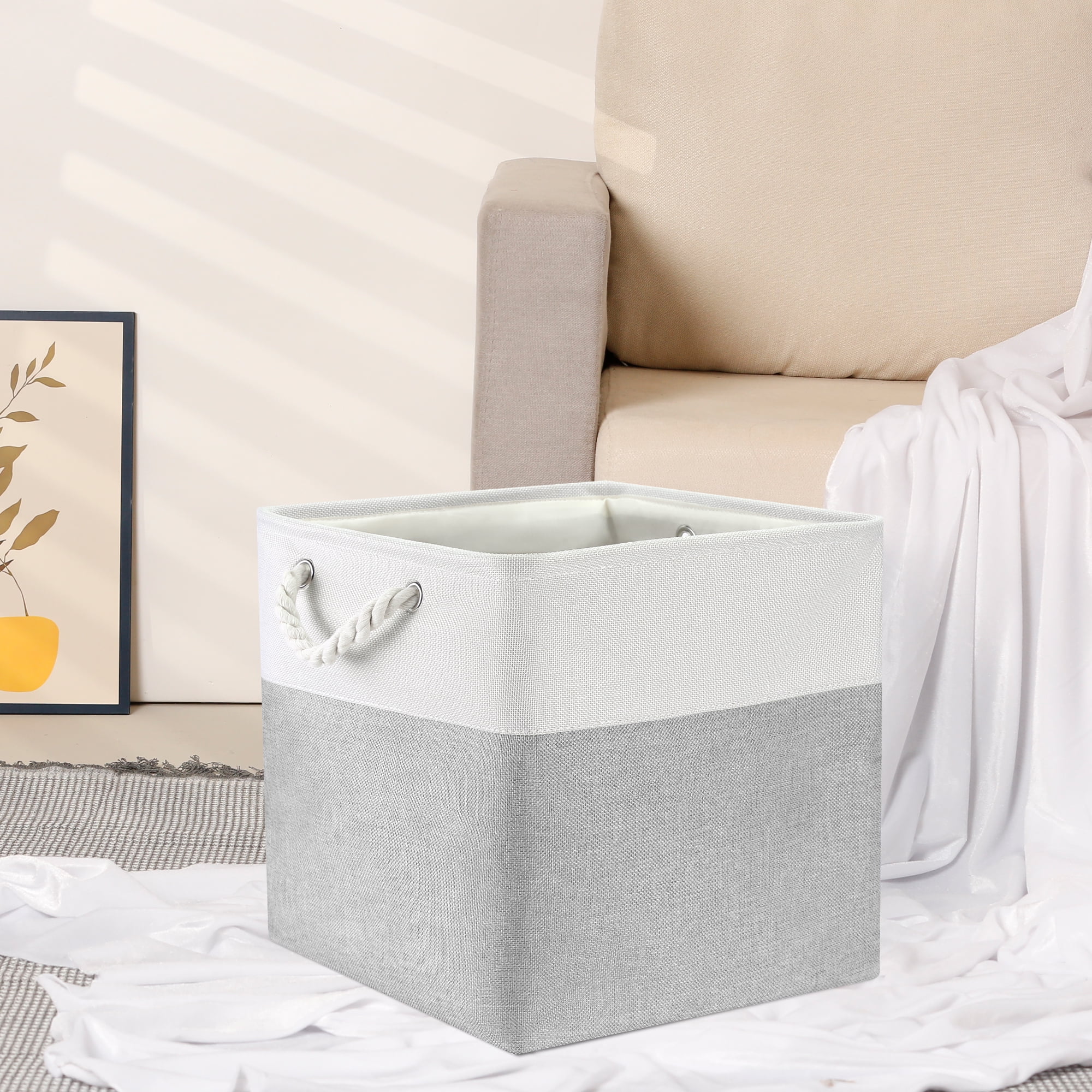 Unique Bargains Square Fabric Storage Basket Bin White/Light Grey 13inch