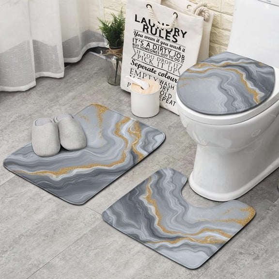 Gray Marble Gold Wave Pattern Bathroom Rugs Sets 3 Piece,Toilet Cover Set,Absorbent Non Slip Bathroom Mats Sets with U-Shaped Contour Rug Toilet Rug Set