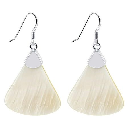 Mother Of Pearl Disk Earrings Gem Avenue Stainless Steel White Mother of Pearl Dangle Triangular Earrings with French Hook ()