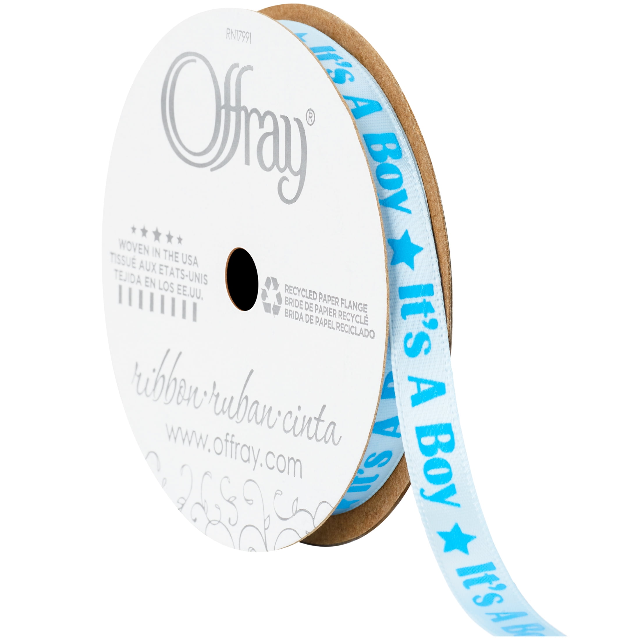 Offray Ribbon, Blue 3/8 inch It's a Boy Satin Ribbon, 12 feet