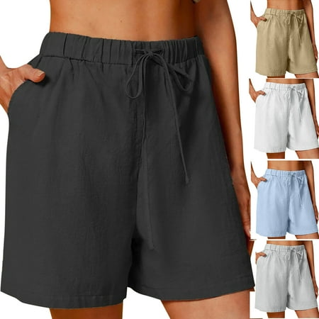 Jacenvly New Casual Shorts for Women Cotton Linen Shorts Solid Color Comfortable Elastic Wide Leg Shorts Soft Satiny High Waist Womens Yoga Shorts Gray