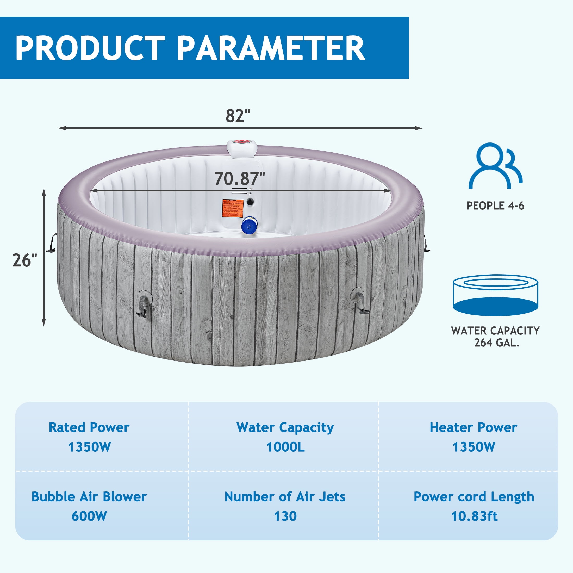 4-6 Person Inflatable Hot Tub with 130 Bubble Jets, Round Home Spa