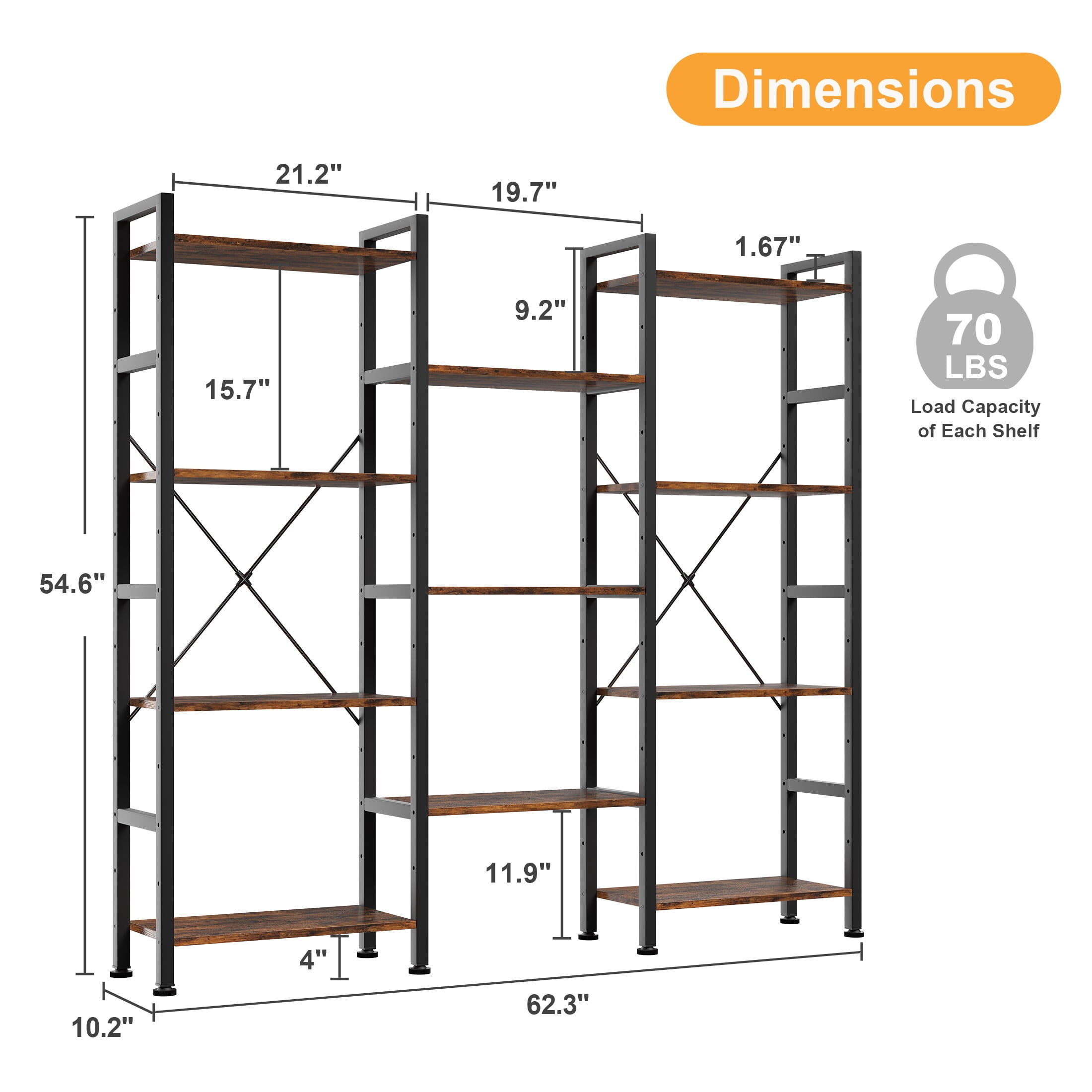EDX Triple 4 Tier Bookshelf Storage Shelf, Modern Freestanding Bookcase with Metal Frame, Open Display Shelves, Space Saving Storage Organizer, Rustic Brown