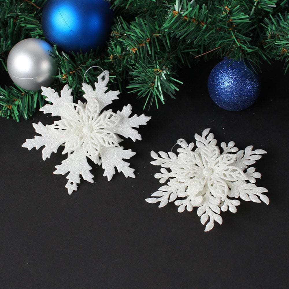 Lot De 24 Flocons De Neige à Suspendre Pour Sapin De Noël - Ornements Pailletés Argent & Bleu - Déco Noël Réutilisable - 9