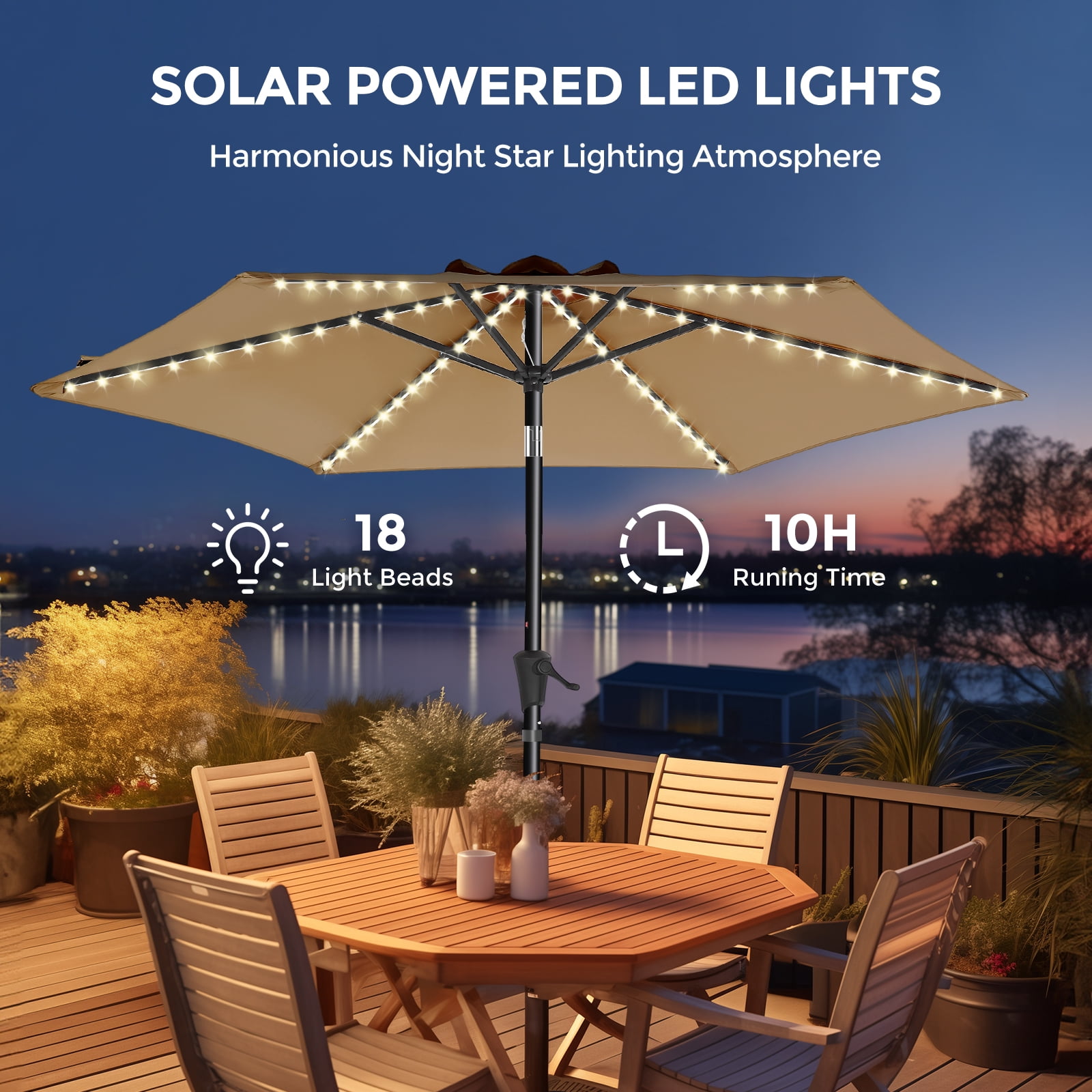 TASKBAY 9ft Solar Patio Umbrella with Colorful LED Lights, 45° Tilt Adjustment Outdoor Umbrella for Garden, Backyard, Pool, Beige (Base not included)