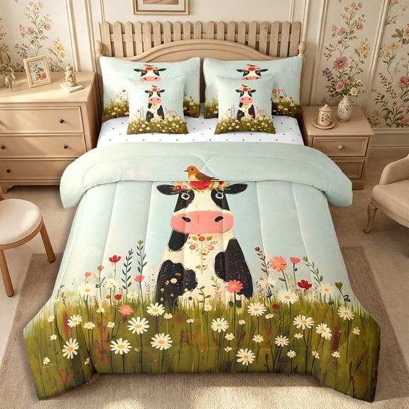 Manfei Cartoon Floral Cow 7-Piece Twin Bedding,Cute Animal Bedding Comforter Set,Light Blue White