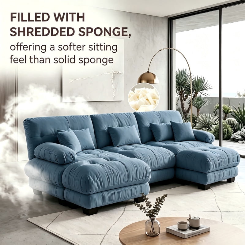 ANPPORT Cloud Couch Sleeper Sofa, Chenille Blue 3-Seater Modular Sofa with 2 Ottomans, 3 Lumbar pillows, 2 Pillows, Comfy Deep Seat Cloud Sofa, Convertible L-Shaped Floor Couch for Living Room