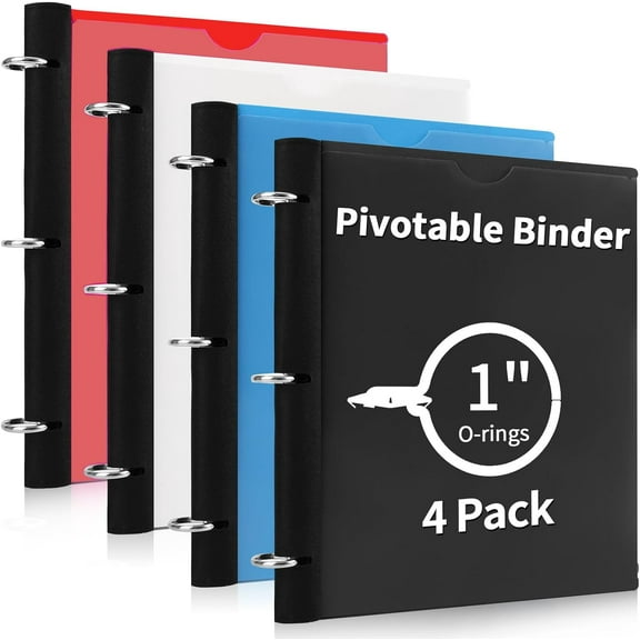 360 Degree Pivotable Binder, Upgraded 3 Ring Binder 1 inch 4 Pack, Flexible Binders Ring, Foldable Three Binders- , White, Blue, Red
