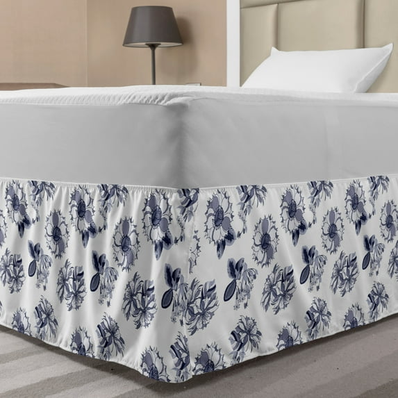 Floral Bed Skirt, Top View of High Detailed Flower Silhouettes, Elastic Bedskirt Dust Ruffle Wrap Around for Bedding Decor, 4 Sizes, White Ceil Blue Indigo, by Ambesonne