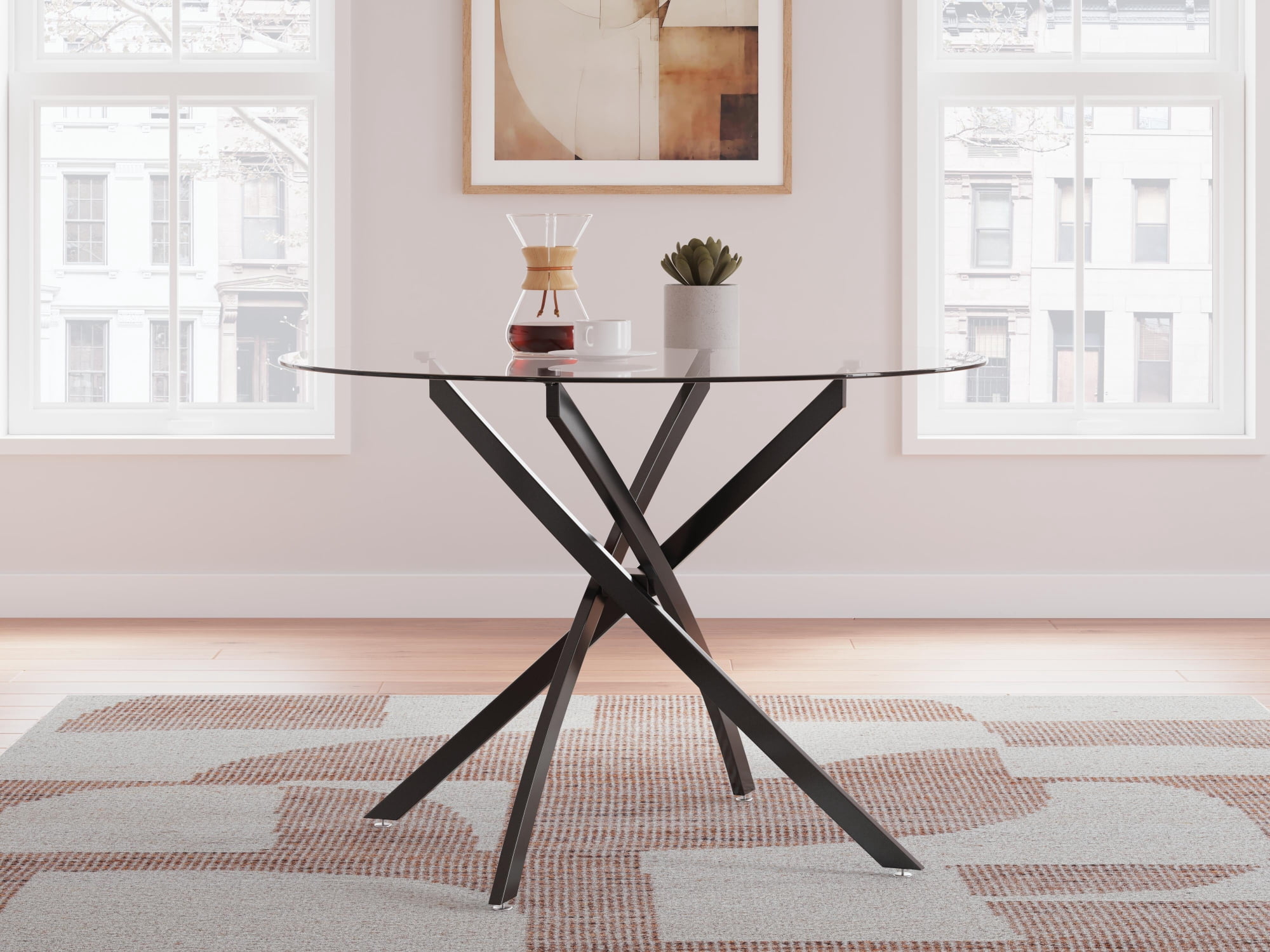Signature Design by Ashley Pharwynn Round Glass Dining Table Only - Modern Black Metal Base - 42" Diameter