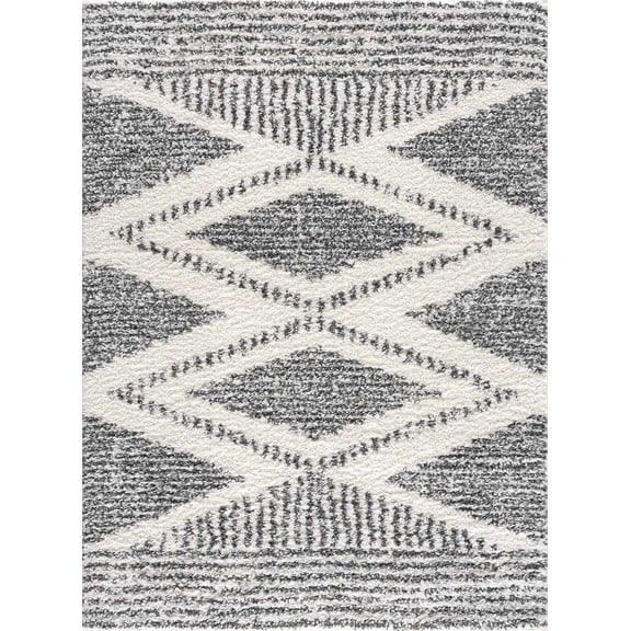 BoutiqueRugs Charcoal Diamond Transitional 2x3 Accent Rug Shag Plush Cream Geometric Bohemian Trunding Entryway Bedside Nursery Mudroom Bathroom Powder Room 2' x 2'11" Stain Resistant Non-Shedding