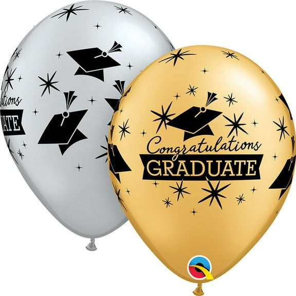 11 inch Congratulations Graduate Caps Silver & Gold Latex Balloons (6 Pack) - Party Supplies Decorations