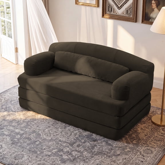 Foldable Corduroy Loveseat Sleeper Sofa Bed, High-Density Foam Convertible Couch for Small Spaces Guest Room, Brown.