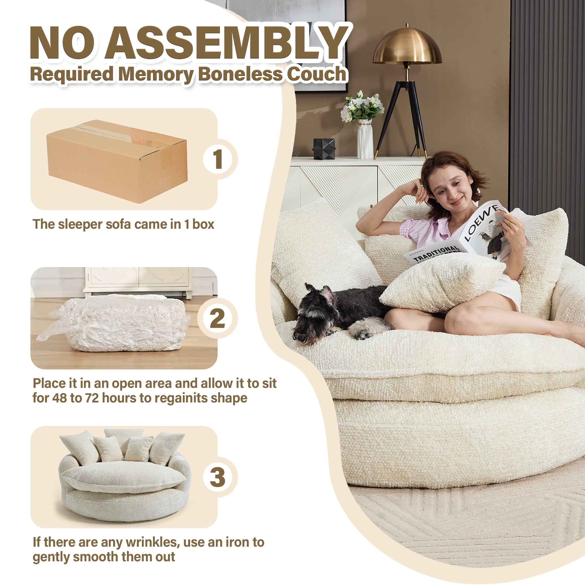 Aukfa 55" Oversized Round Chaise Lounge Chair, Fluffy Deep Seat Cloud Floor Sofa, Modern No Assembly Couch, Beige