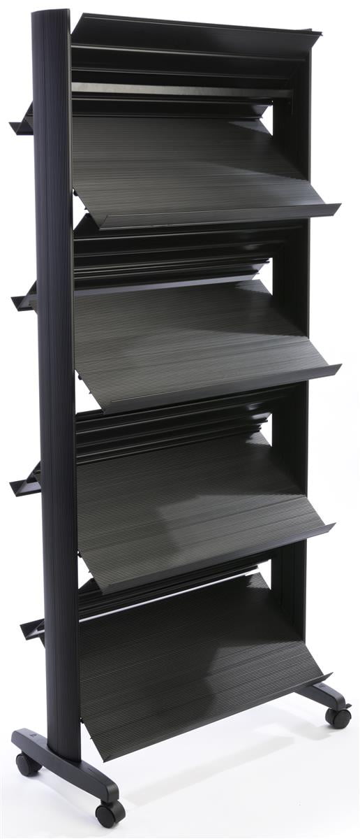 Portable Magazine Rack, 8 Shelves, Double Sided, 28"x13" Shelves, 67"H