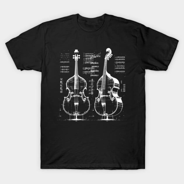 T-Shirt Unisexe avec Design Graphique Technique d'Instrument de Musique à Cordes et Wireframes Double Bass, jusqu'à la Taille 3TG.