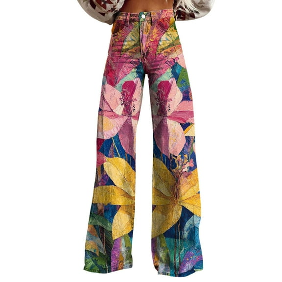yunLCZ Women's Wide Leg Pants Wide Leg Pants Woman High Waist Floral Patterned Pants Lightweight Loose Fit Casual Colorful Trouser Imitation Jeans