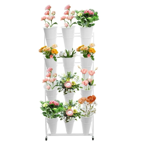 12 Buckets Flower Display Stands with Buckets, 4 Layer Tier Flower Buckets for Cut Flowers Movable Plant Display Cut Flowers Container Heavy Duty Moving Iron Plant Cart Shelf on Wheels