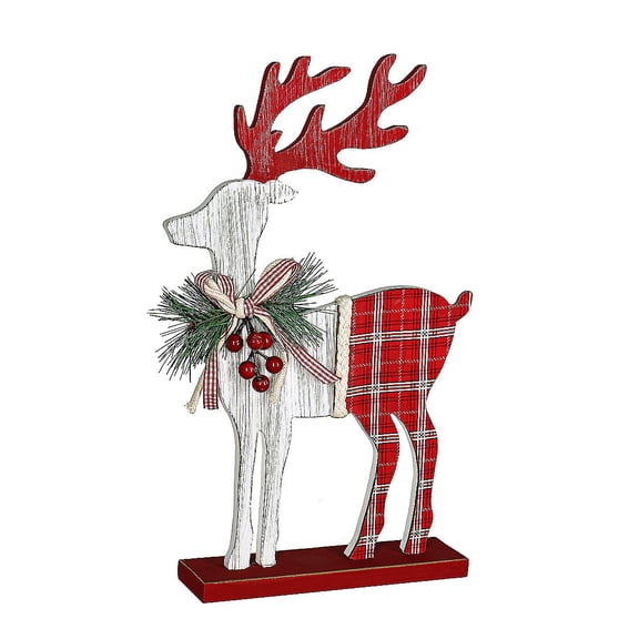 15" Wood Deer with Plaid Design and Artificial Table Decor