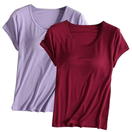 ibuvkizy Womens Summer Tops Clearance 2PC Womens Built in Bra T Shirt Padded Active Yoga Plus Size Tops Solid Color Crew Neck Short Sleeves Blouses Soft Pajama Casual Workout Shirts