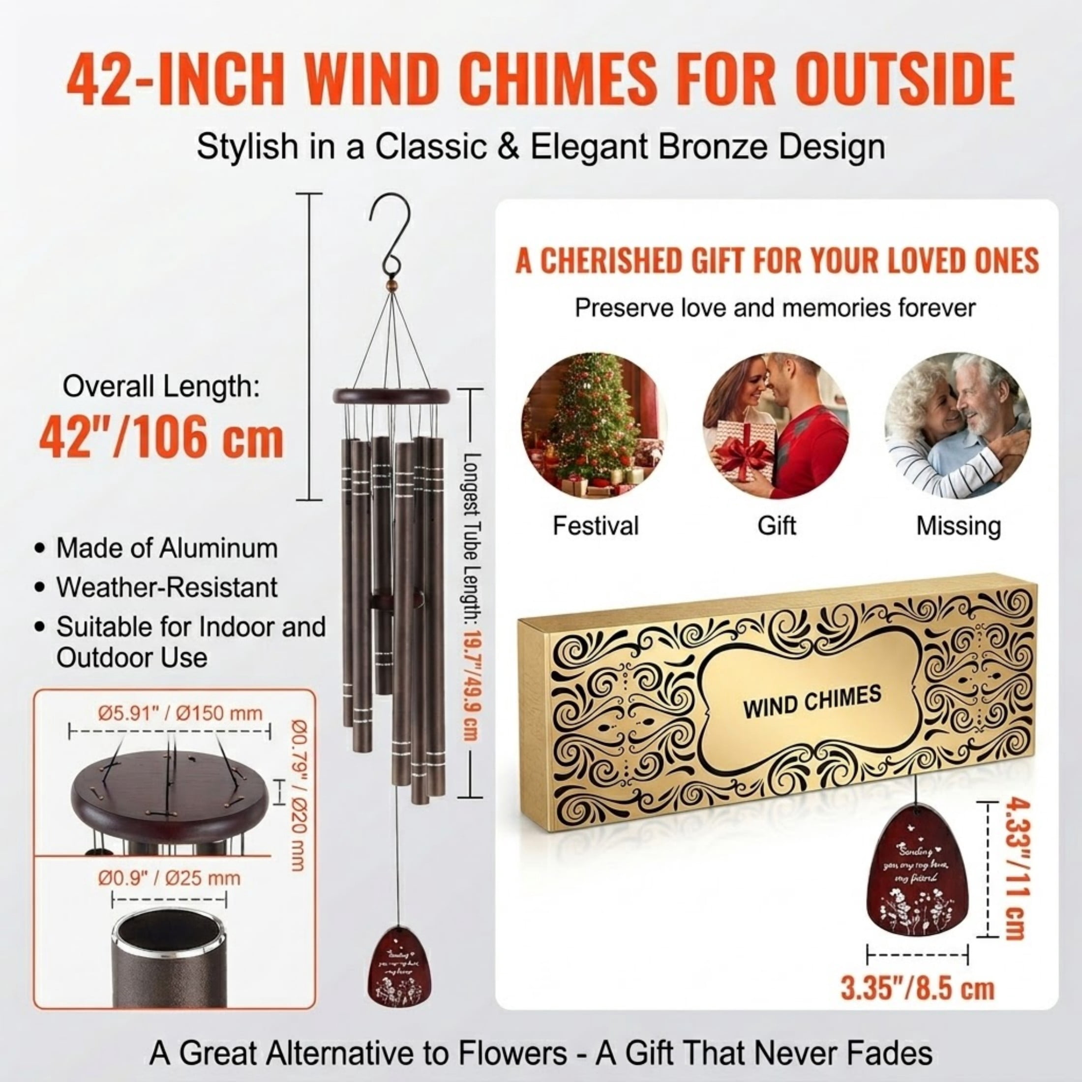 42-inch Deep Tone Wind Chimes for Outside, Large Memorial Wind Chimes with 6 Tubes, Dark Brown