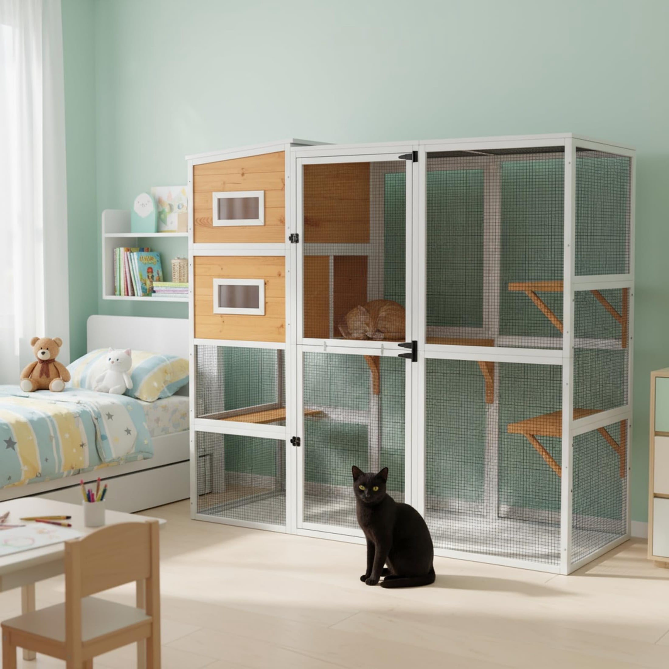 Large Catio Outdoor Cat Enclosure Window, 4 Tier Indoor House for Cats with Waterroof Roof, 3 Resting Rooms, 3 Platforms,Outdoor Catio Patio with Balcony, Connect to Window with 2 Large Door