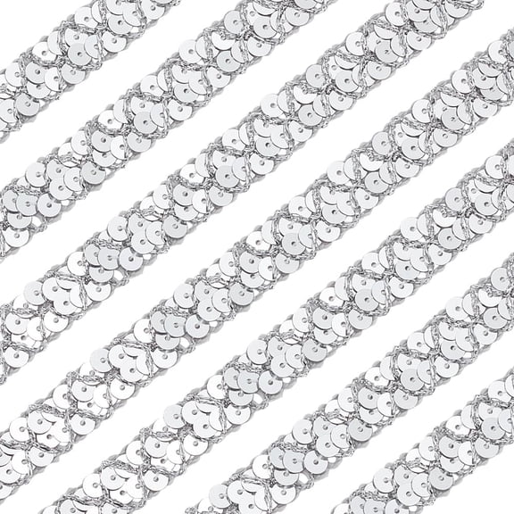 14Yards Flat Round Plastic Paillette Silver Sequin Trim 2 Rows Sequin Ribbon Trim Sparkle Metallic Polyester Ribbon Garment Accessories for Sewing Craft Dress Embellishment Silver