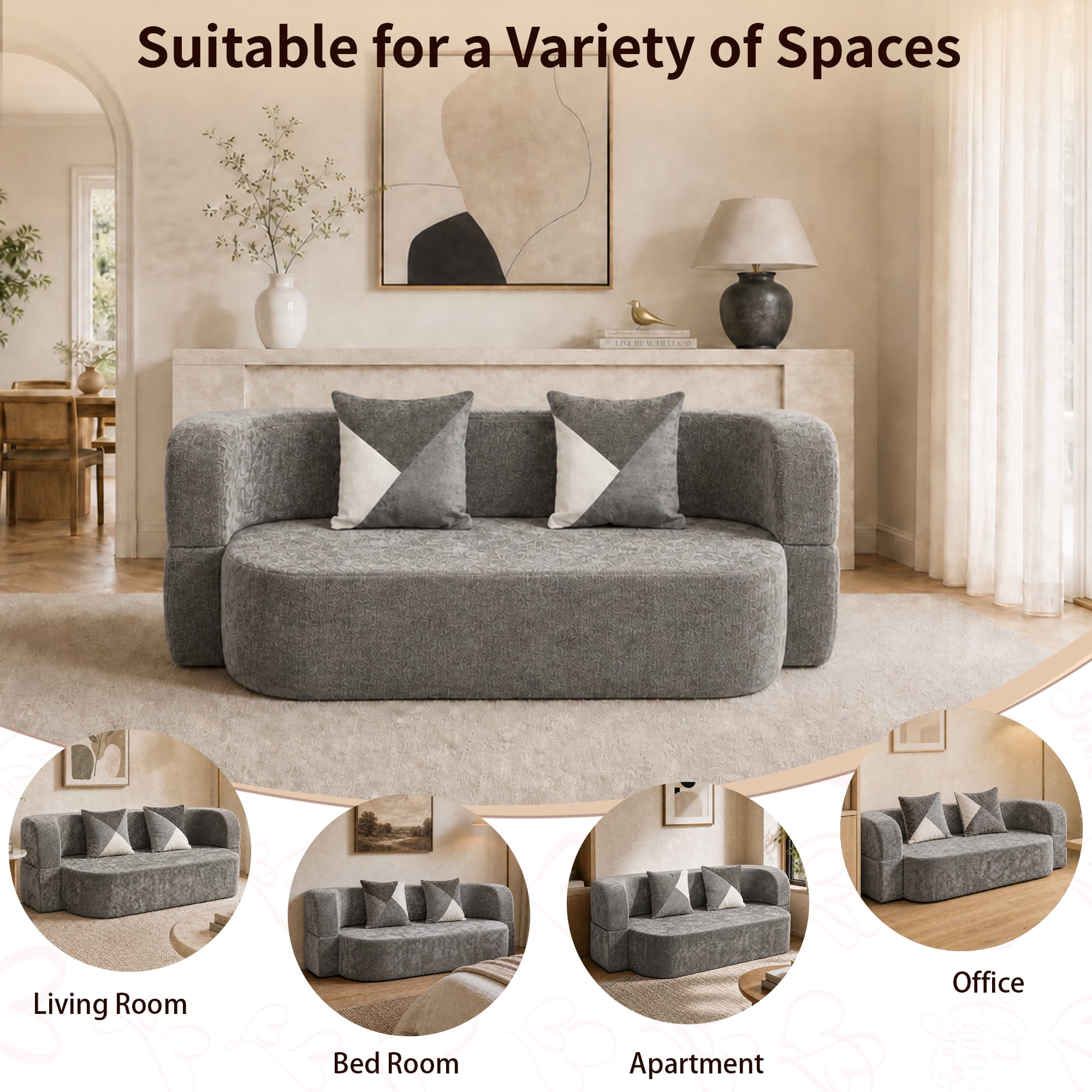 78.74"W Eggshell Convertible Sofa,Floor Couch,Sleeper Sofa Bed,No Assembly High-Density Sponge Loveseat with 2 Pillows for Living Room, Apartment,Small Spaces,Charcoal Gray