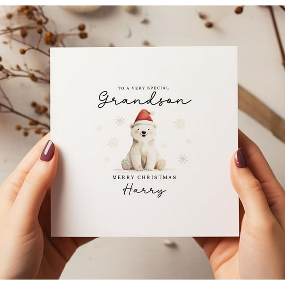Personalized Christmas Card for Grandson – Cute Polar Bear Design – Customizable Name – Perfect Holiday Greeting for Grandson at Christmas